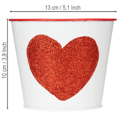 Hvit blomsterpotte med rødt hjerte, plantekasse, Ø13 cm H10,5 cm | Floristik24.no
