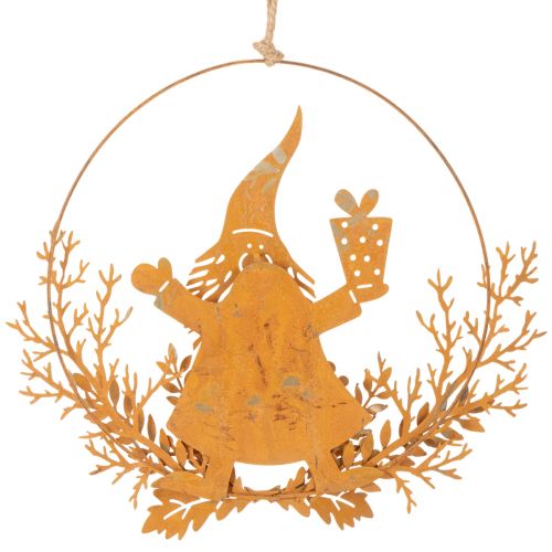 Juledekorering, reinsdyr i ring, julenissen med gave, metalldekorasjon, rusten overflate, Ø18 cm, sett med 2 | Floristik24.no