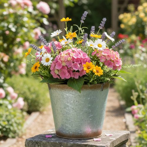 gjenstander Dekorativ potte med håndtak, plantebøtte, metallbeholder, sølv, forvitret stål, Ø17 cm H16,5 cm