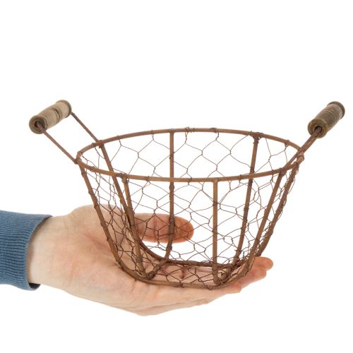 Trådkurv, metallkurv med håndtak, tre, rust, dekorativ, Ø18 cm | Floristik24.no