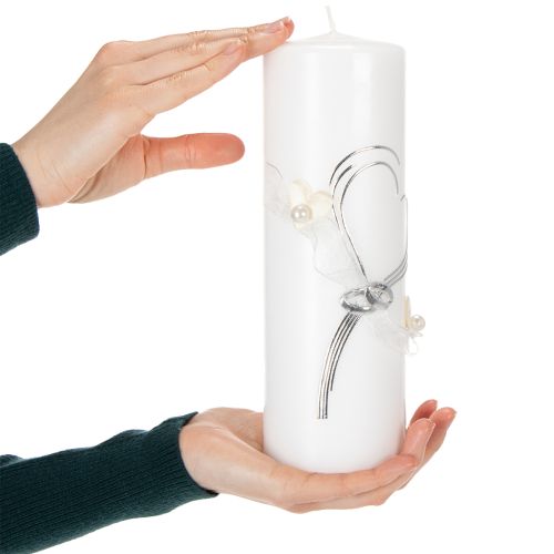 gjenstander Festlig bryllupslys med stilig hjertedesign, sølvpynt og organzabånd – ideelt for bryllup og sølvbryllupsdager, 230/80 mm