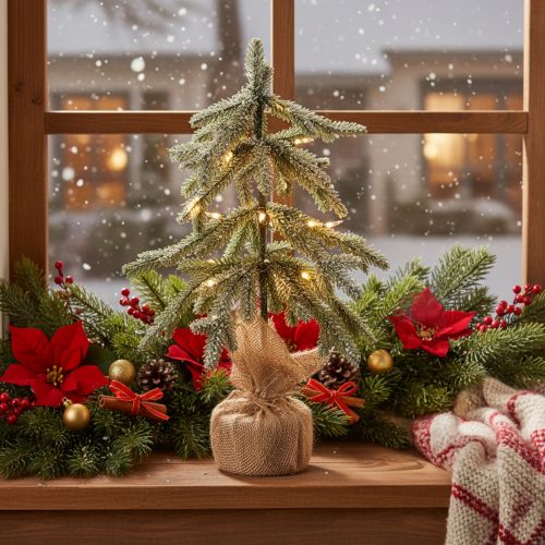 Kunstig plante med snø, LED-juletre i jutepose, batteridrevet, for innendørs bruk, 50 cm | Floristik24.no