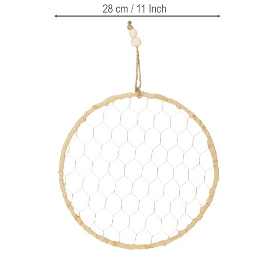 gjenstander Bohemsk metalldekorasjonsring, sølv, Ø28 cm med naturlig raffia, sett med 4 - hengende dekorasjon, veggdekorasjon