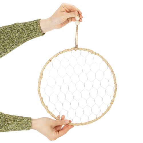 gjenstander Bohemsk metalldekorasjonsring, sølv, Ø28 cm med naturlig raffia, sett med 4 - hengende dekorasjon, veggdekorasjon