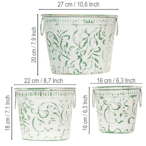 Metallpotter med håndtak, blomsterkasser med preging, hvit, grønn, shabby chic, H20,5/18,5/16 cm, Ø25,5/20,5/15,5 cm, sett med 3 | Floristik24.no