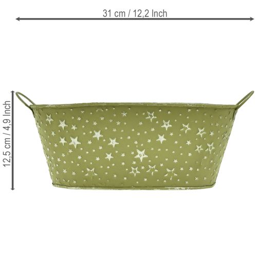Oval metallskål med stjerner og håndtak, grønn, 31 × 16 cm, H12,5 cm | Floristik24.no