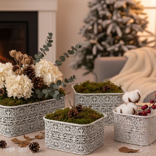 gjenstander Metallskåler med blondemønster, dekorativ beholder, firkantet, shabby chic, hvit, 27/23/19 cm, H13,5 cm, sett med 3