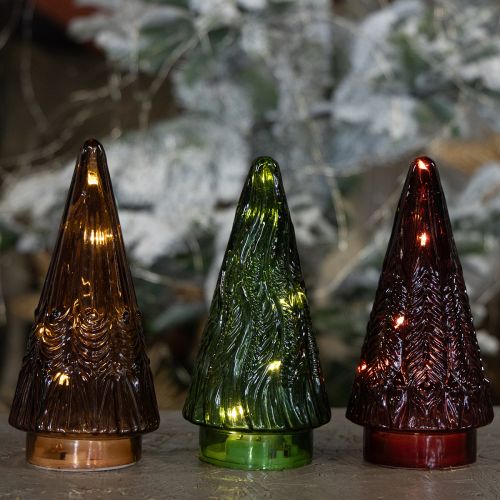 gjenstander Mini juletre i glass LED rød grønn brun 18 cm 3 stk