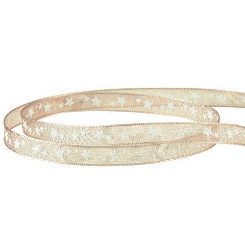 gjenstander Organza bånd beige med hvite stjerner Julebånd 6mm 20m