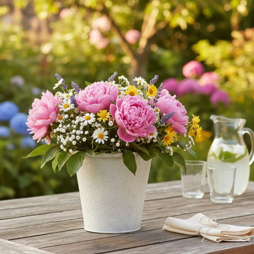 gjenstander Blomsterpotte med ornamenter, cachepot, metallbeholder, hvit, Ø15,5 cm, H14,5 cm