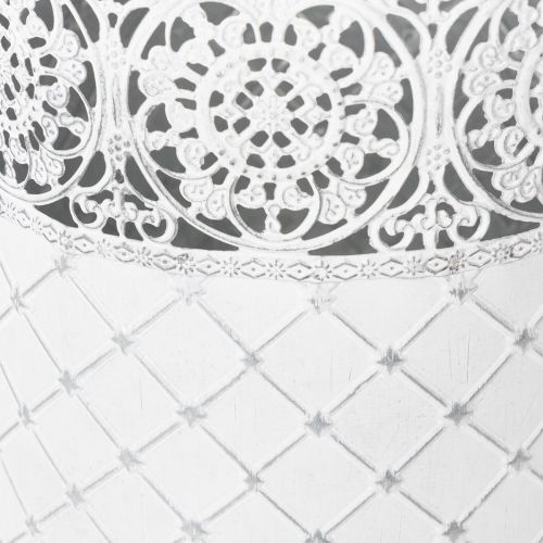 gjenstander Blomsterpotte med blondemønster, metallbeholder, dekorativ bøtte, hvit, sølv, shabby chic, H28/25,5/23,5 cm, Ø29,5/25,5/20 cm, sett med 3