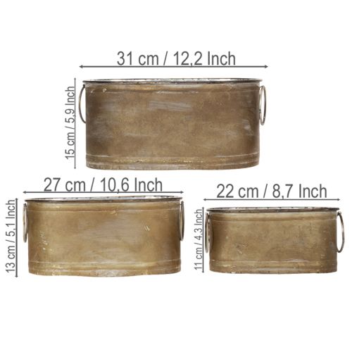 gjenstander Sett med metallpotter og -kar, vintage retro-stil, L 22,5 cm / 27 cm / 31 cm