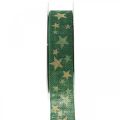 Floristik24 Gavebånd sløyfebånd med stjerner grønt gull 25mm 15m