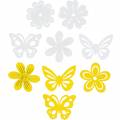 Floristik24 Blomster og sommerfugler for å drysse gul, hvitt tre dryss dekorasjon vår dekorasjon 72stk