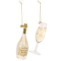Floristik24 Anhengsett med champagneflaske og champagneglass, juletrepynt, 14 cm, 2 stk.