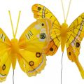 Floristik24 Dekorative sommerfugler gul fjærsommerfugl på ledning 7,5 cm 6stk
