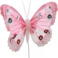 Floristik24 Dekorative sommerfugler rosa fjærsommerfugl på ledning 7,5 cm 6stk