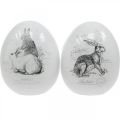 Keramisk egg, påskepynt, påskeegg med kaniner hvit, svart Ø10cm H12cm sett med 2 stk.