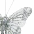 Floristik24 Fjær sommerfugl hvit med glimmer 7,5cm 4stk