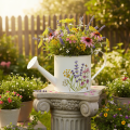Hvit metallvannkanne med blomstermotiv, 13,5 cm, dekorativ blomsterpotte | Floristik24.no