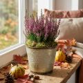 Plante til høst, metallbøtte med bladdekorasjon, gyllent metallkar Ø14cm H12,5cm | Floristik24.no