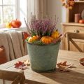 Plantekrukke med høstdekorasjon, metallpynt, høstplanter grønn Ø18,5cm H17cm | Floristik24.no