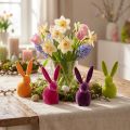 Små sittende påskeharer, fargerikt flokket, 13 cm, 8 stk. | Floristik24.no