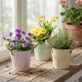 Dekorativ potte, metallbøtte for planting, blomsterkasse med håndtak, rosa/grønn/gul shabby chic Ø15cm H13cm 3-delers sett | Floristik24.no