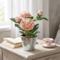 Dekorativ rose i potte, romantiske silkeblomster, rosa peon | Floristik24.no