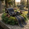 Elegant moiré-kransbånd, 175 mm svart med perlekant og taftvev, dekorativt bånd til begravelsesblomsterdekorasjoner, sløyfebånd, 25 m | Floristik24.no