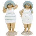 Floristik24 Dekorativ figur damer på stranden, sommerdekorasjon, badefigurer med lue blå/hvit H15/15,5cm sett med 2 stk.