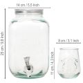 Drikkedispenser i resirkulert glass med tappekran og 4 glass, H25,5 cm | Floristik24.no