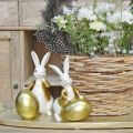 Floristik24 Påskehare hvit-gylden, påskepynt, dekorativ kanin med egg H16/18cm sett med 2