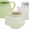 Floristik24 Dekorativ kaffekanne i keramikk, plantekrukke grønn, hvit, krem L19cm Ø7,5cm