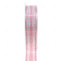 Floristik24 Rutebånd med glimmer rosa-sølv 25mm 15m