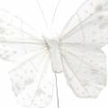 Fjærsommerfugl på ledning hvit med glitter 10cm 12stk