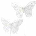 Fjærsommerfugl på ledning hvit med glitter 10cm 12stk