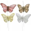 Sommerfugler med glimmer, bryllup dekorasjon, dekorative plugger, fjær sommerfugl gul, beige, rosa, hvit 9,5×12,5cm 12stk