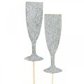 Floristik24 Nyttårsaften dekorasjon champagneglass sølv blomsterplugg 9cm 18stk