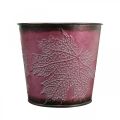 Floristik24 Dekorativ potte for planting, tinnbøtte, metalldekor med bladmønster vinrød Ø14cm H12,5cm